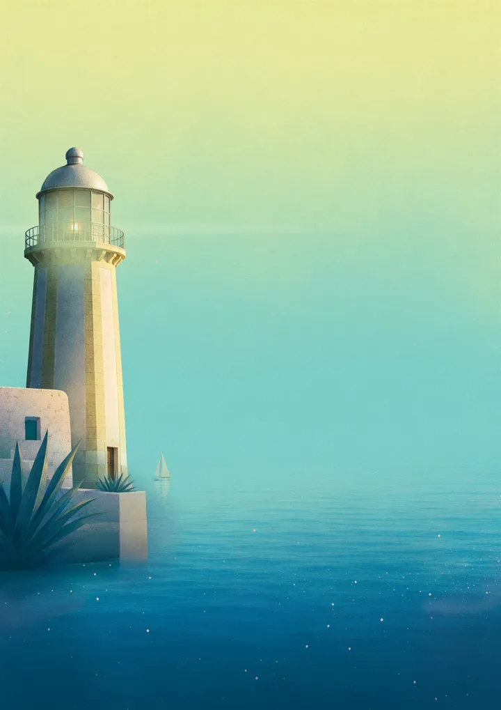 Ilustración del faro de Xàbia frente al Mediterráneo